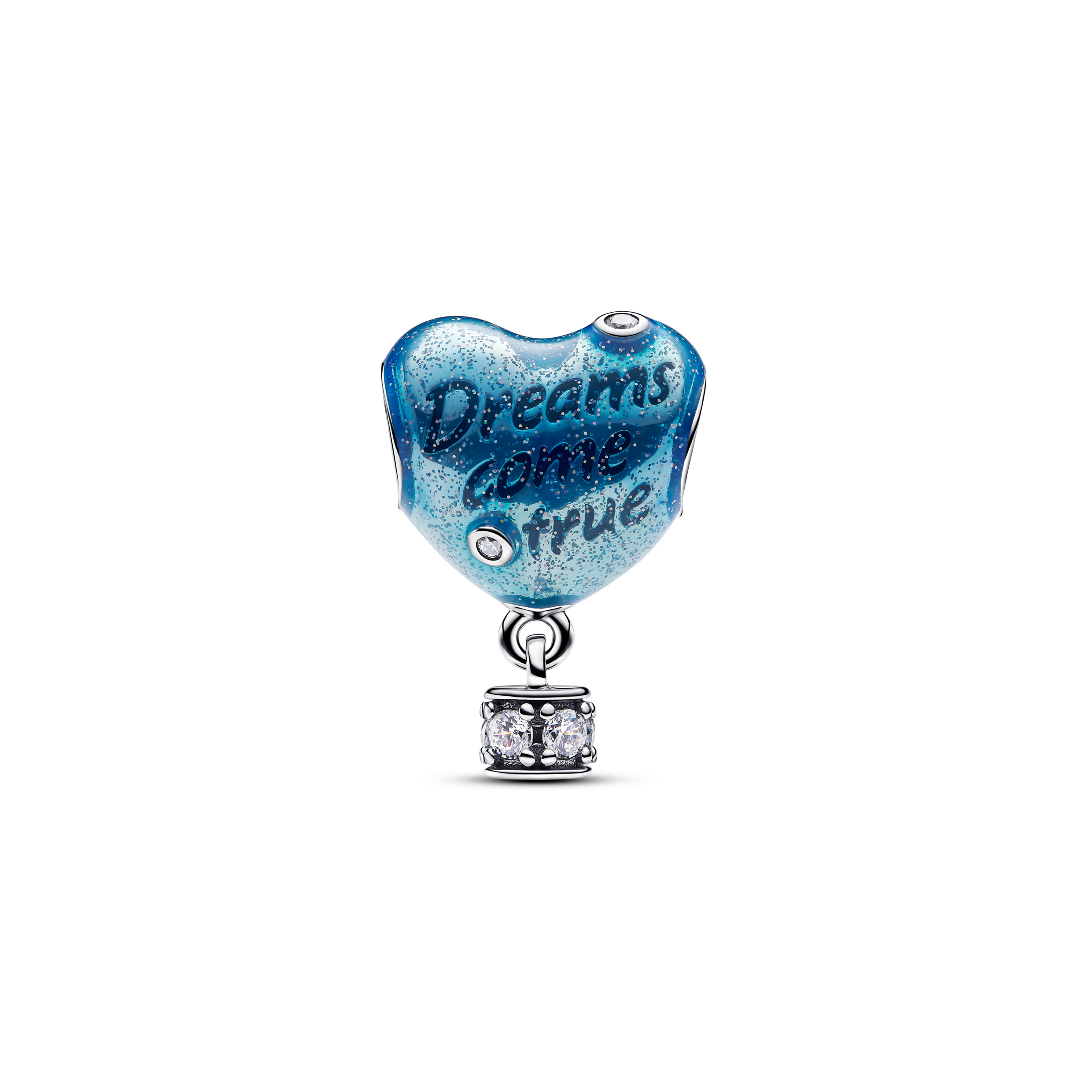 Heart hot air balloon sterling silver charm with clear cubic zirconia and shaded glittery blue enamel/ 793595C01