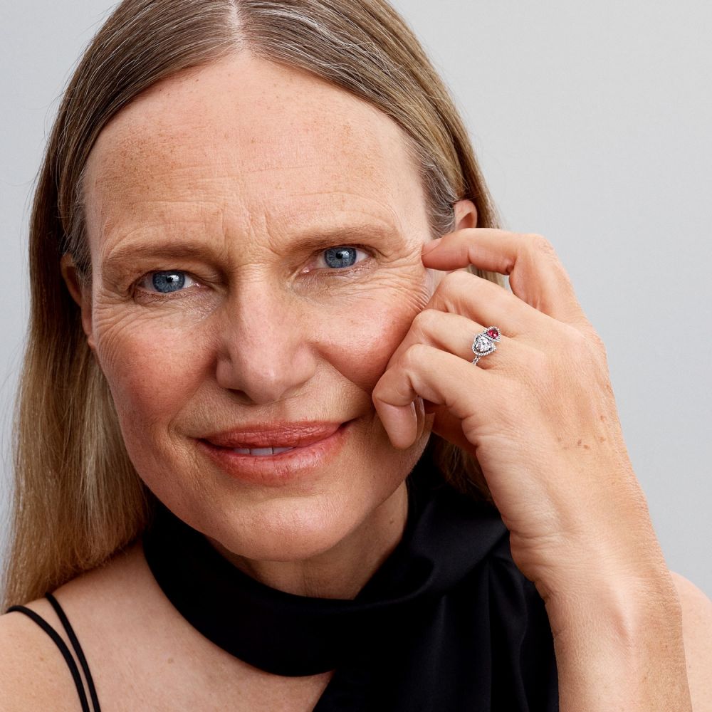 Hearts sterling silver ring with cherries jubilee red crystal and clear cubic zirconia/ 193662C01-50