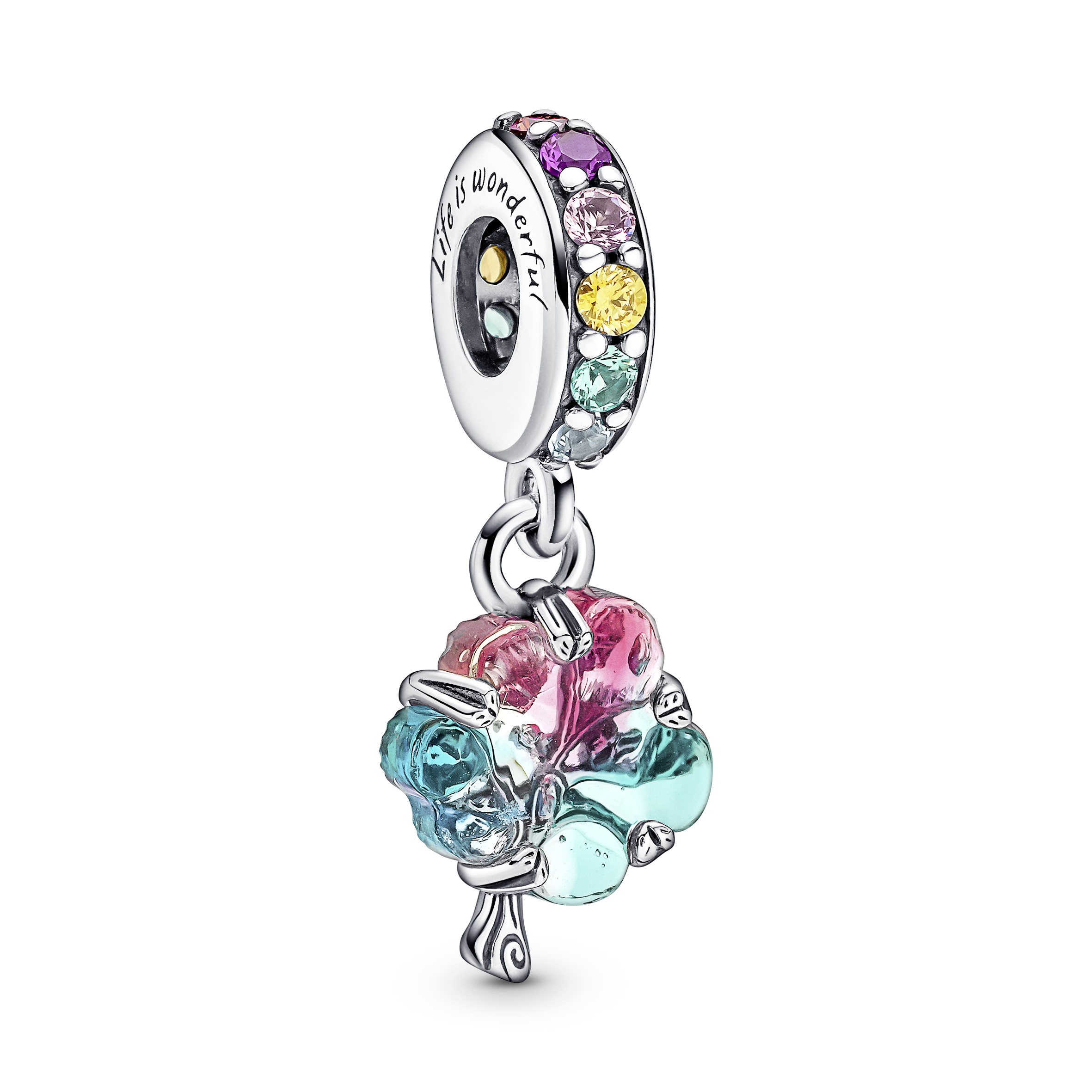 Tree sterling silver dangle with bleached aqua blue, green, pink and purple cystal