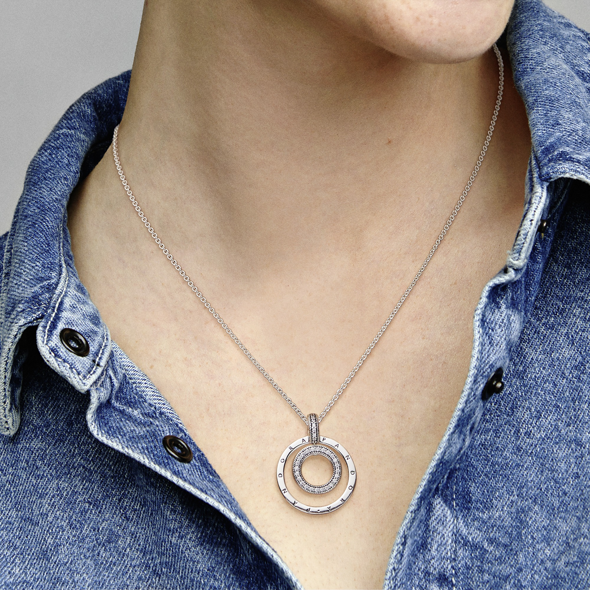 Pandora logo sterling silver pendant with clear cubic zirconia and chain