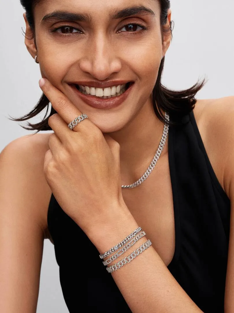 Heart cuban chain sterling silver bracelet with clear cubic zirconia/594226C01-18