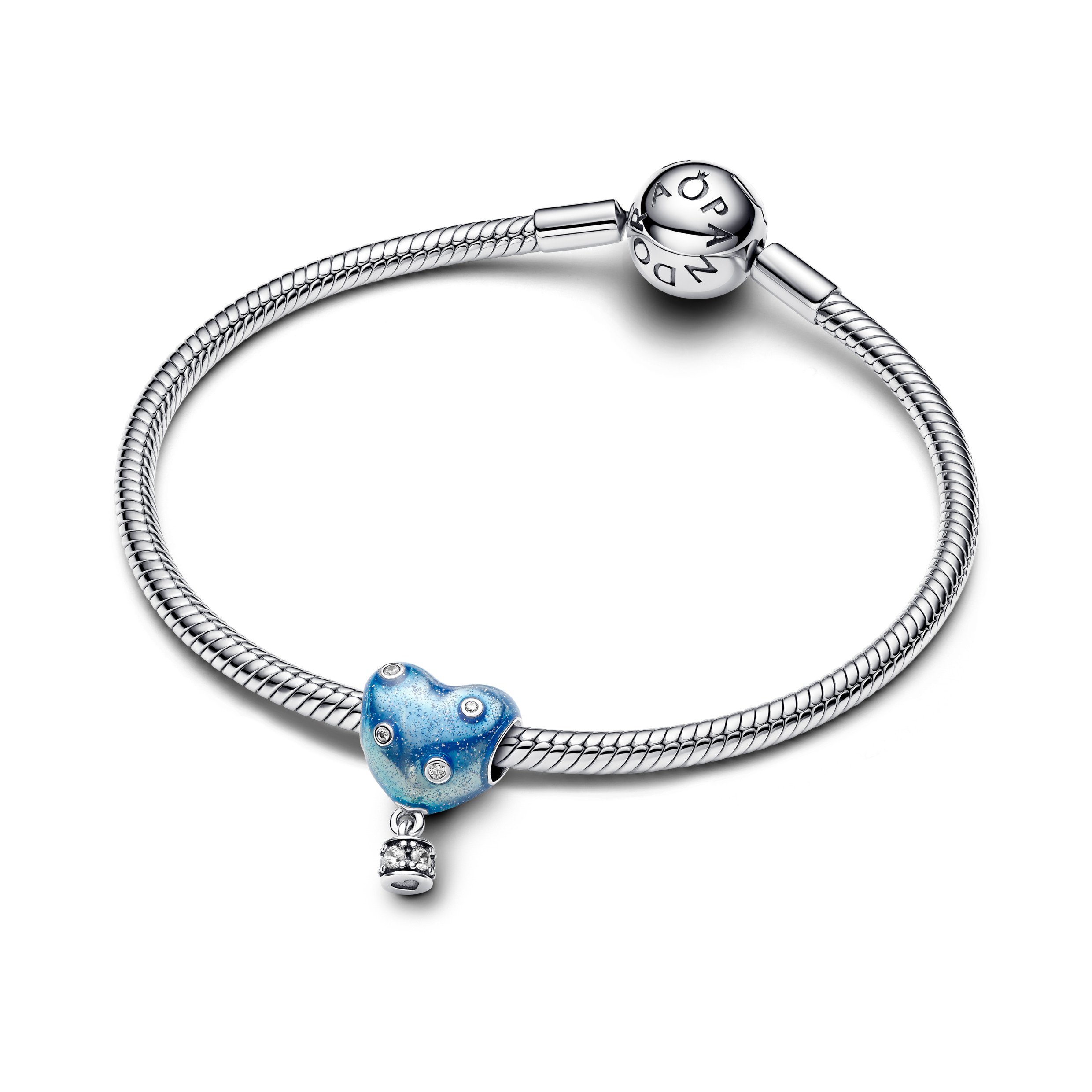 Heart hot air balloon sterling silver charm with clear cubic zirconia and shaded glittery blue enamel/ 793595C01