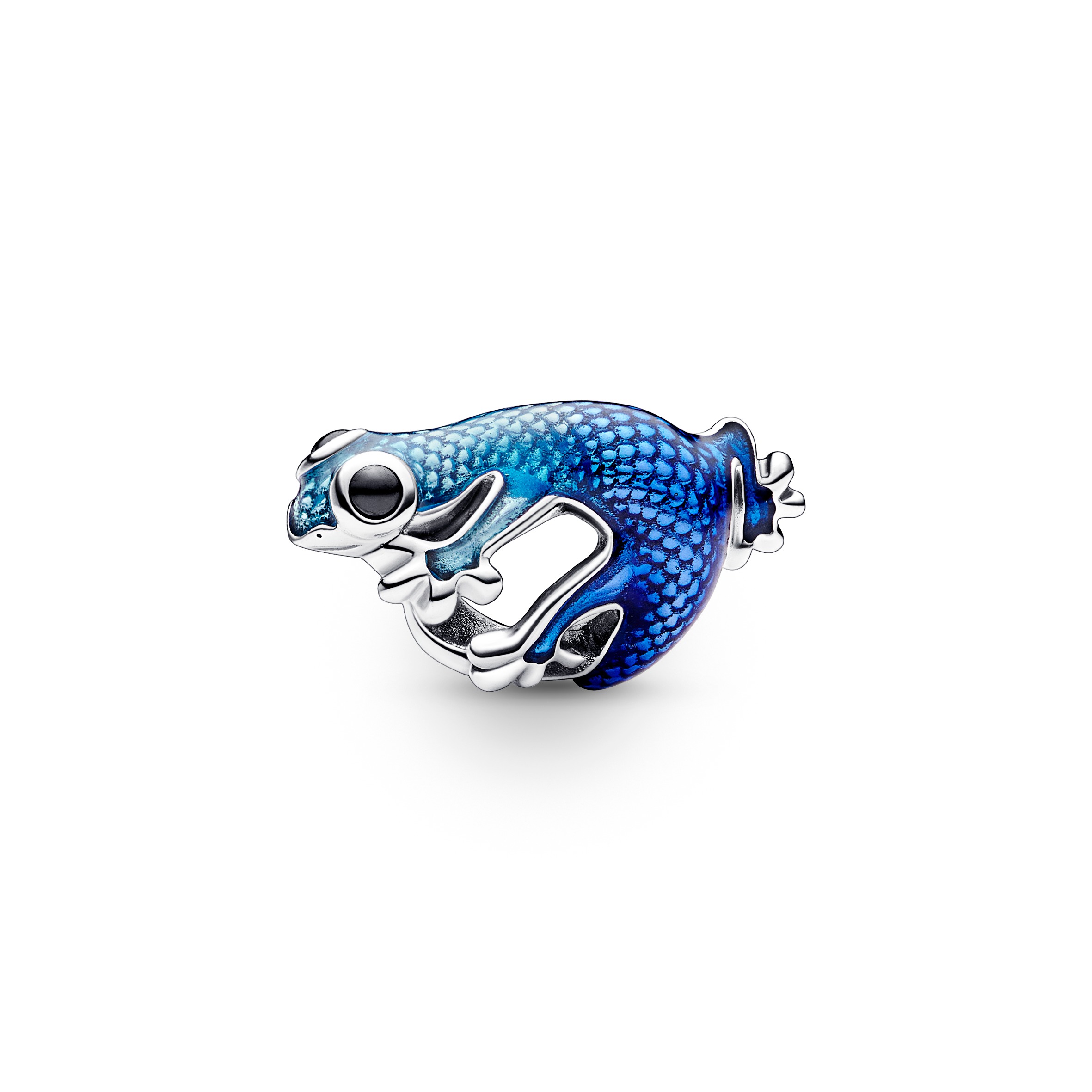 Gecko sterling silver charm with black crystal and shaded transparent metallic light to dark blue en