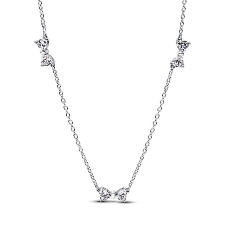 Bow sterling silver station chain necklace with cl