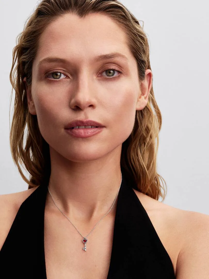 Heart key sterling silver collier with cherries jubilee red crystal and clear cubic zirconia/ 394392C01-45