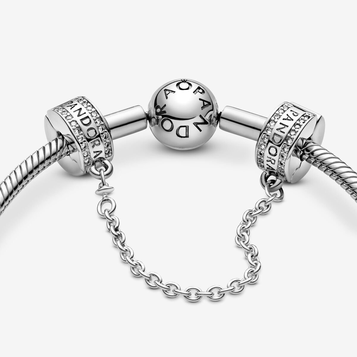 PANDORA logo silver safety chain with clear cubic zirconia and silicone/ 792057CZ-05