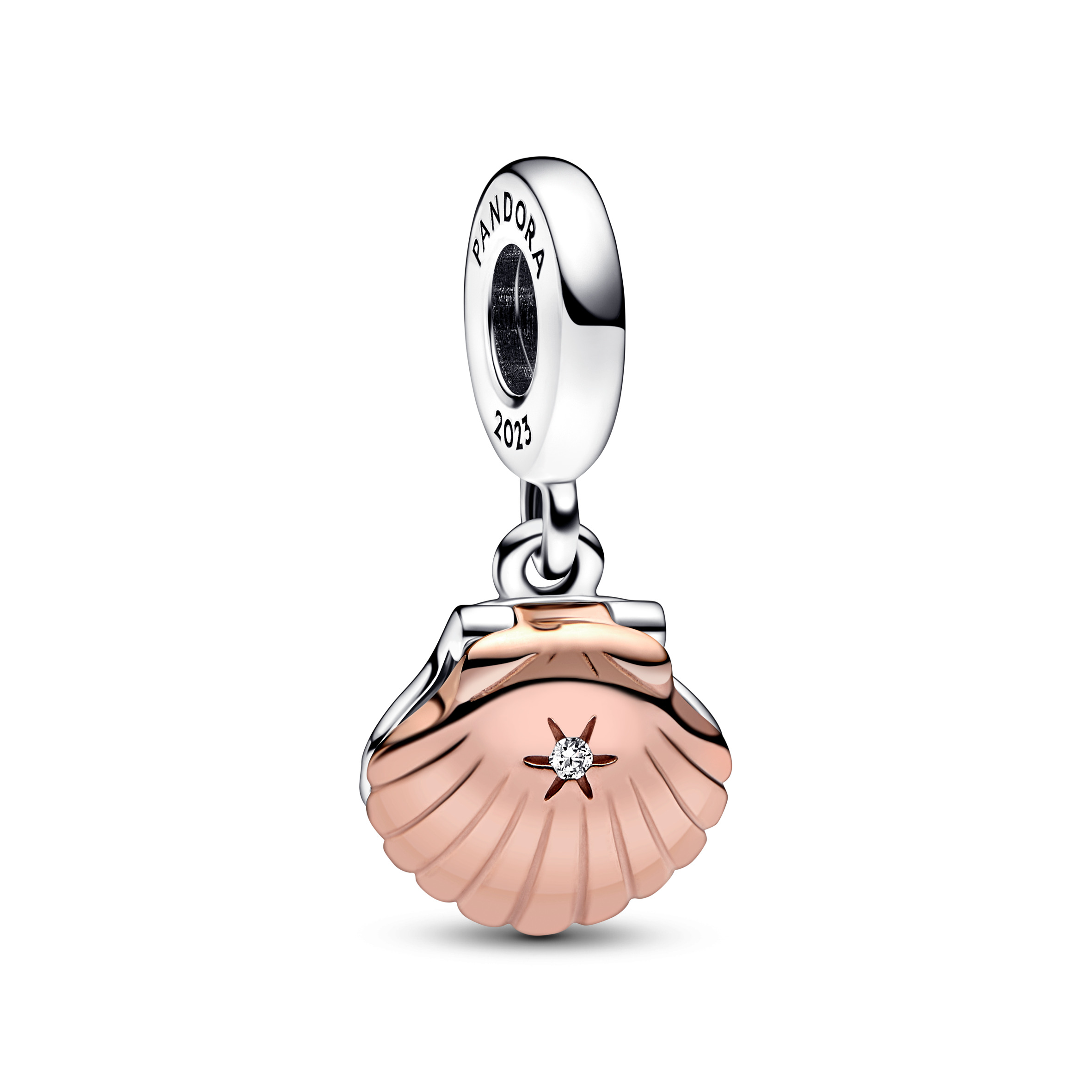 Shell sterling silver and 14k rose gold-plated dangle with 0.009 ct TW GHI SI1+ round brilliant-cut 