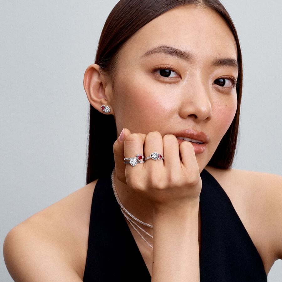 Hearts sterling silver ring with cherries jubilee red crystal and clear cubic zirconia/ 193662C01-56