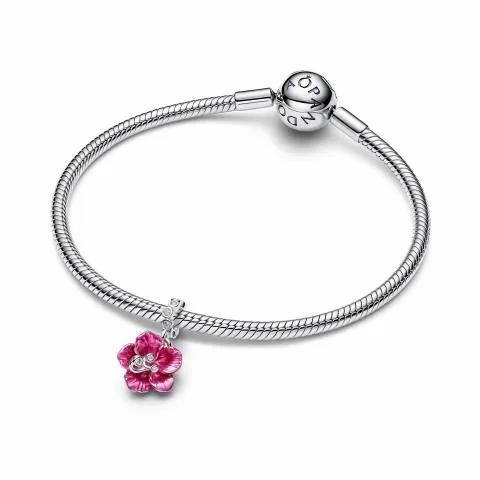 Hibiscus sterling silver dangle with clear cubic zirconia and pink enamel/ 794698C01