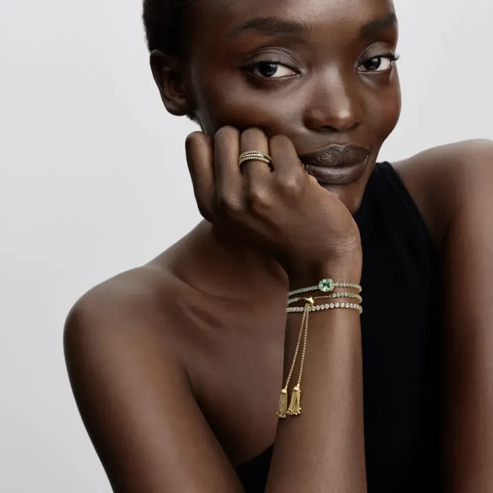 Bee sterling silver slider tennis bracelet with dream blue crystal and clear cubic zirconia/ 594401C01-2