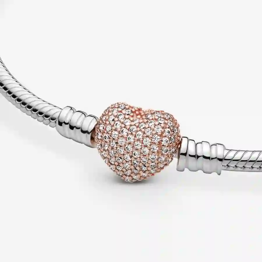 Snake chain silver bracelet with 14k rose gold-plated heart clasp and clear cubic zirconia/ 586292CZ-17