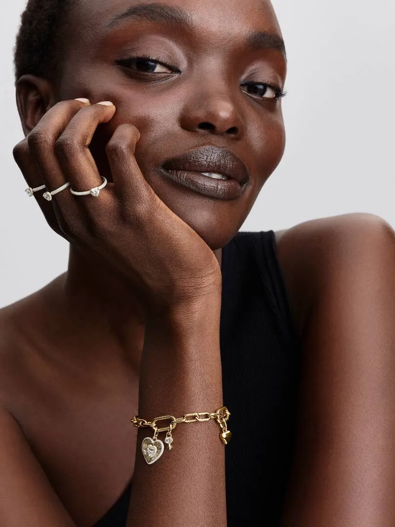 Heart 14k gold-plated medallion with clear cubic zirconia and shimmering white enamel/ 764409C01