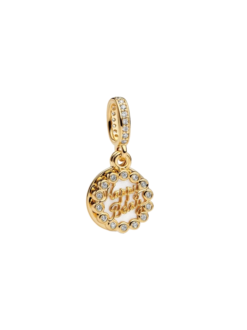 Happy Bday 14k gold-plated dangle with white biore