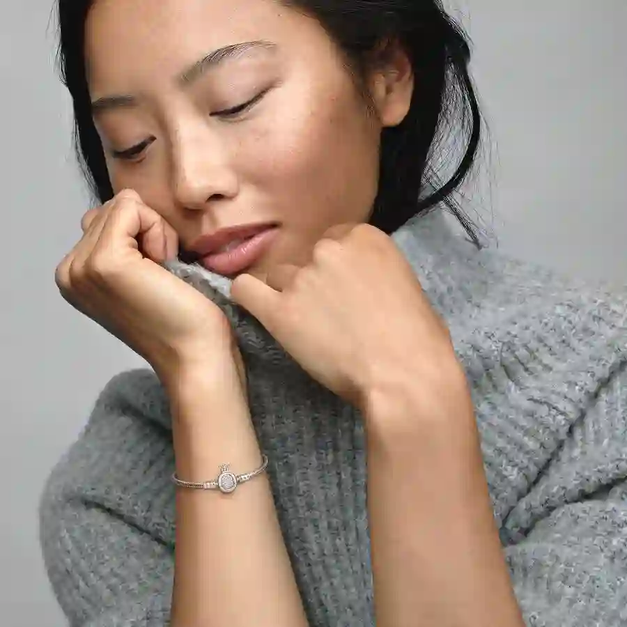 Snake chain sterling silver bracelet and crown O clasp with clear cubic zirconia/ Серебряный браслет