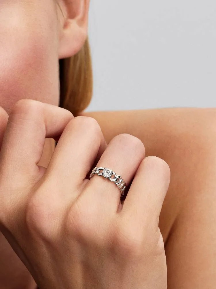 Heart cuban chain sterling silver ring with clear 