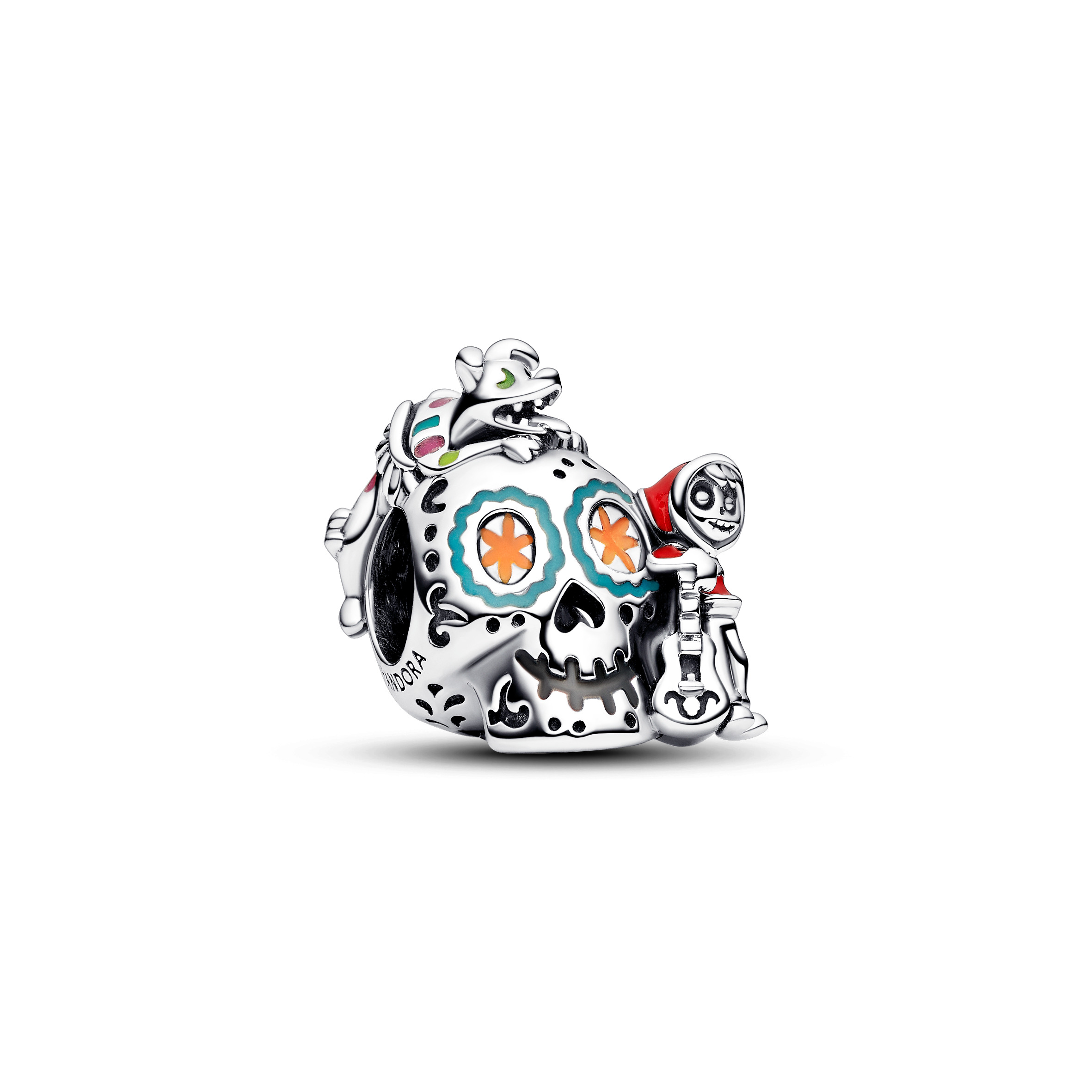 Disney Pixar Coco skull sterling silver charm with red, green, orange, yellow, pink and glow in the 