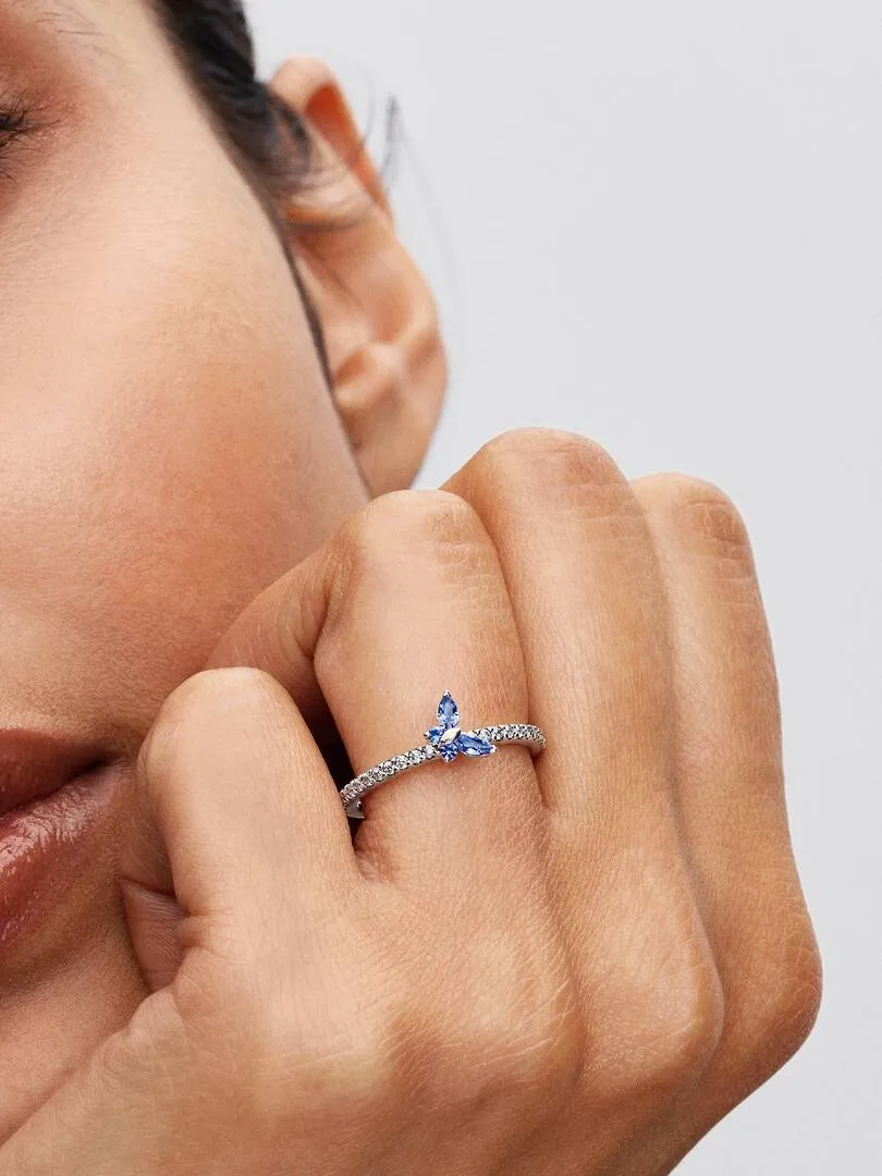 Butterfly sterling silver ring with cornflower blu