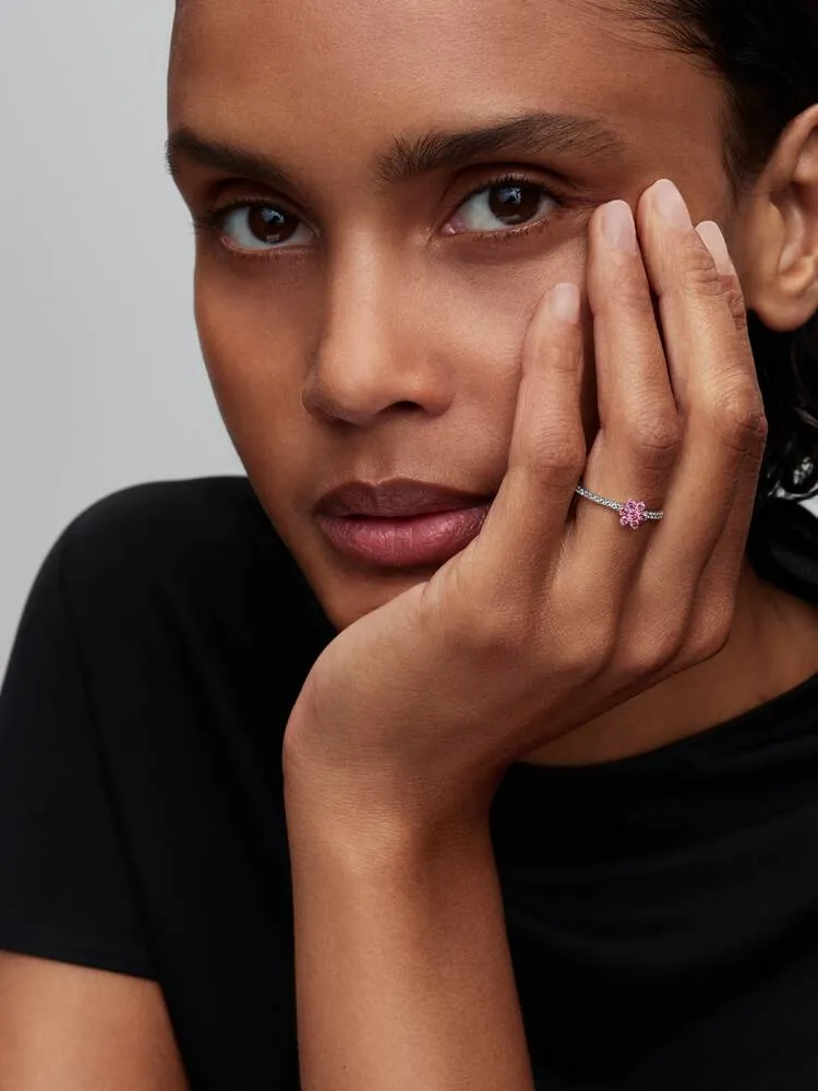 Flower sterling silver ring with fancy pink and clear cubic zirconia / 194499C02-58