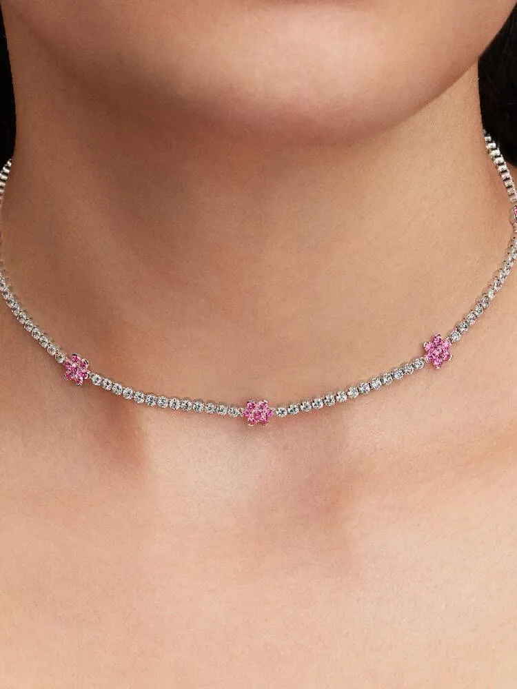 Flower sterling silver choker with fancy pink, cle