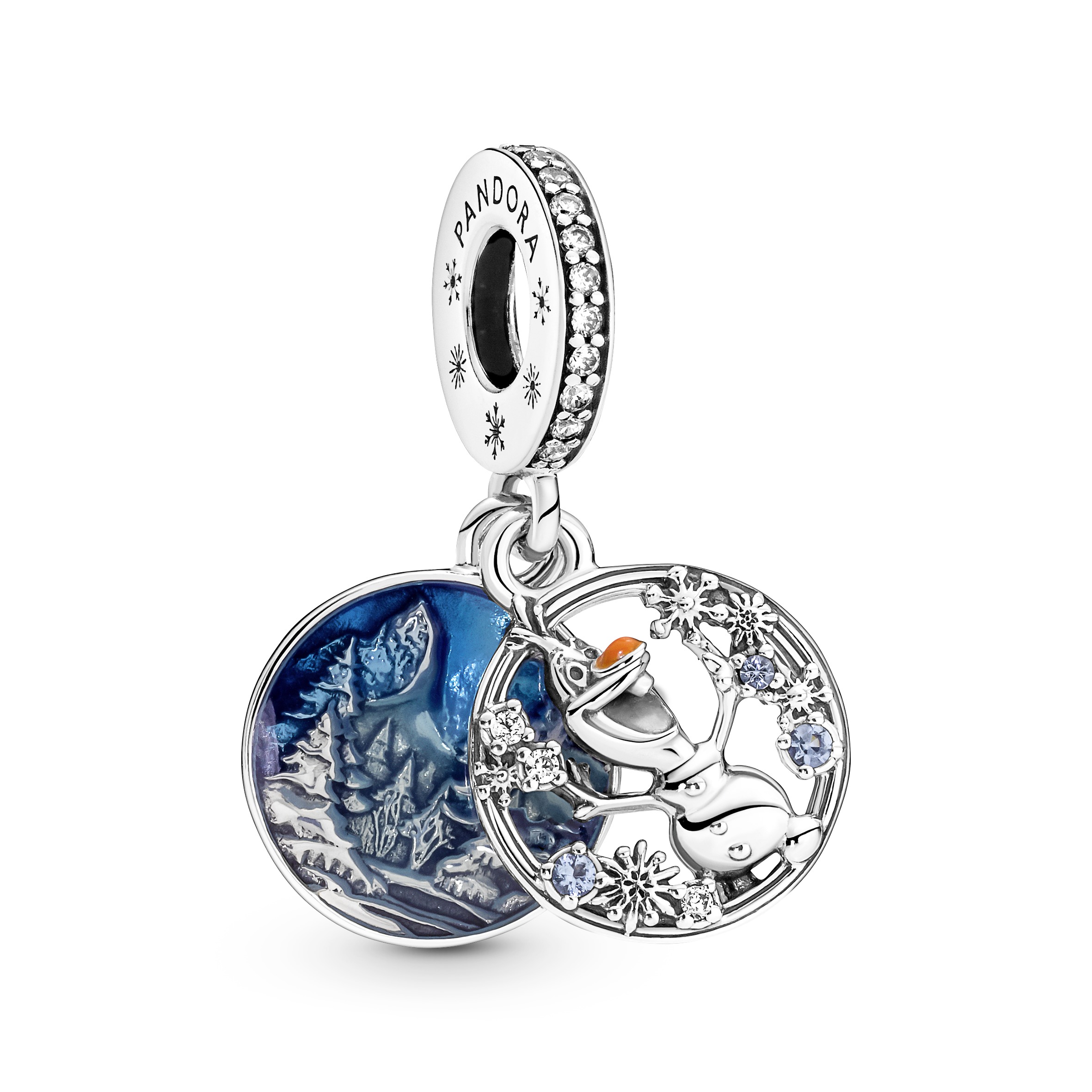 Disney Olaf sterling silver dangle with clear cubic zirconia, icy blue crystal, orange and transpare