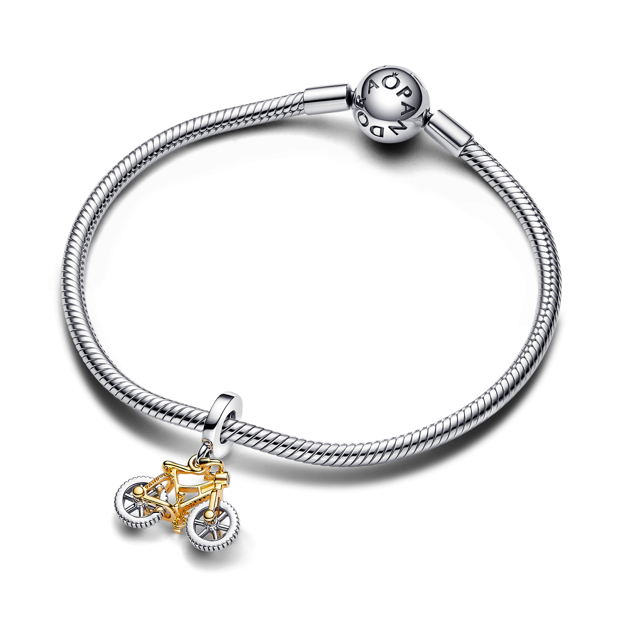 Moveable bike sterling silver and 14k gold-plated dangle with clear cubic zirconia/ 763354C01