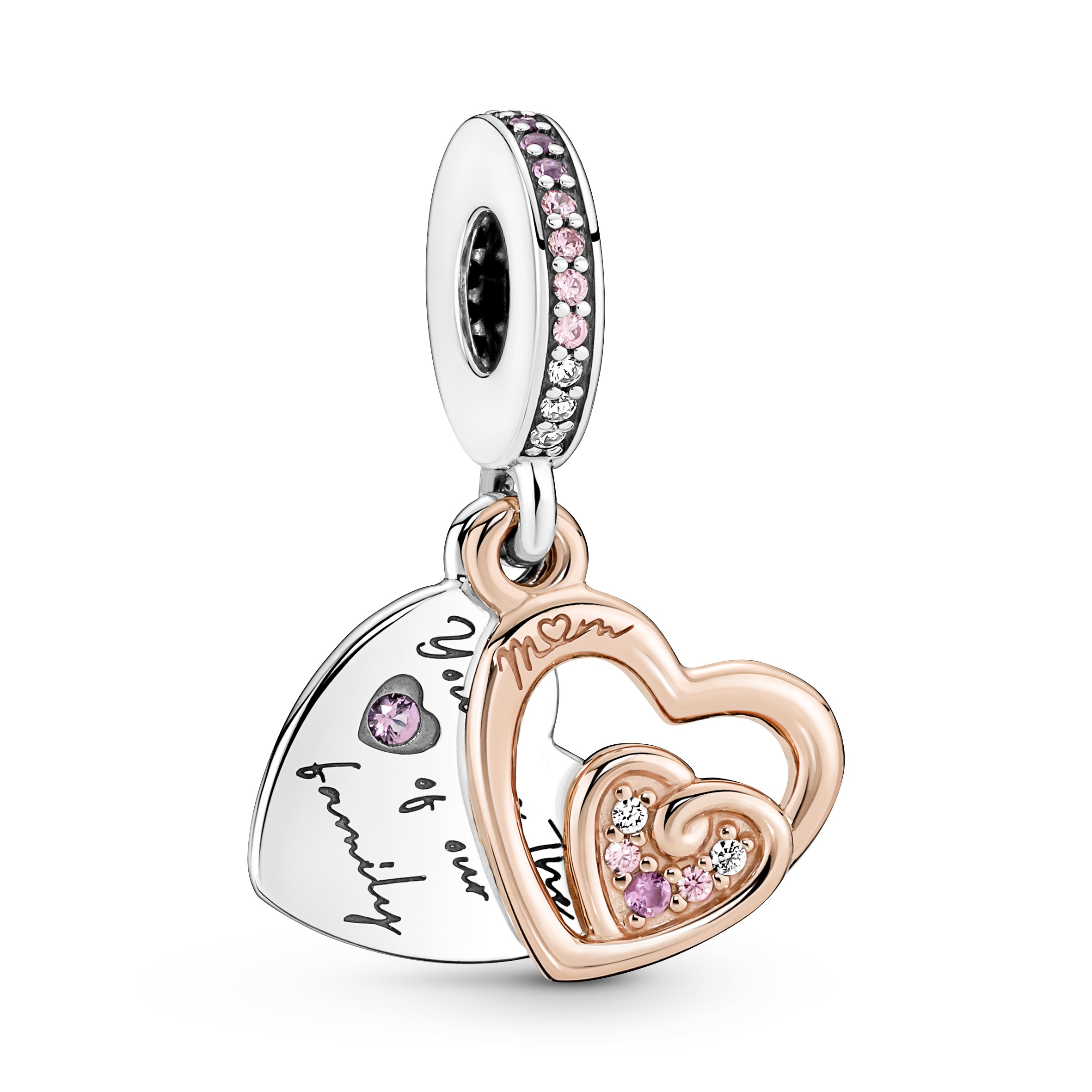 Double heart sterling silver and 14k rosegold-plated dangle with clear and fancy fairy tale pink cub
