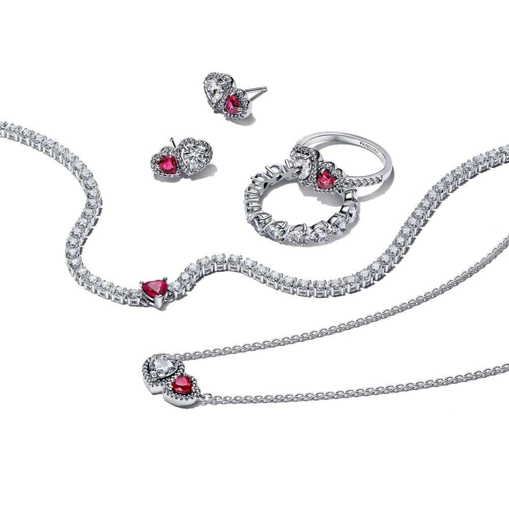 Hearts sterling silver ring with cherries jubilee red crystal and clear cubic zirconia/ 193662C01-50